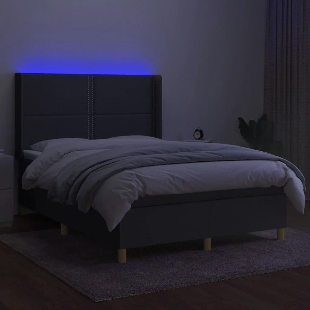 Cama box spring c/ colchão e LED 140x200 cm tecido cinza-escuro