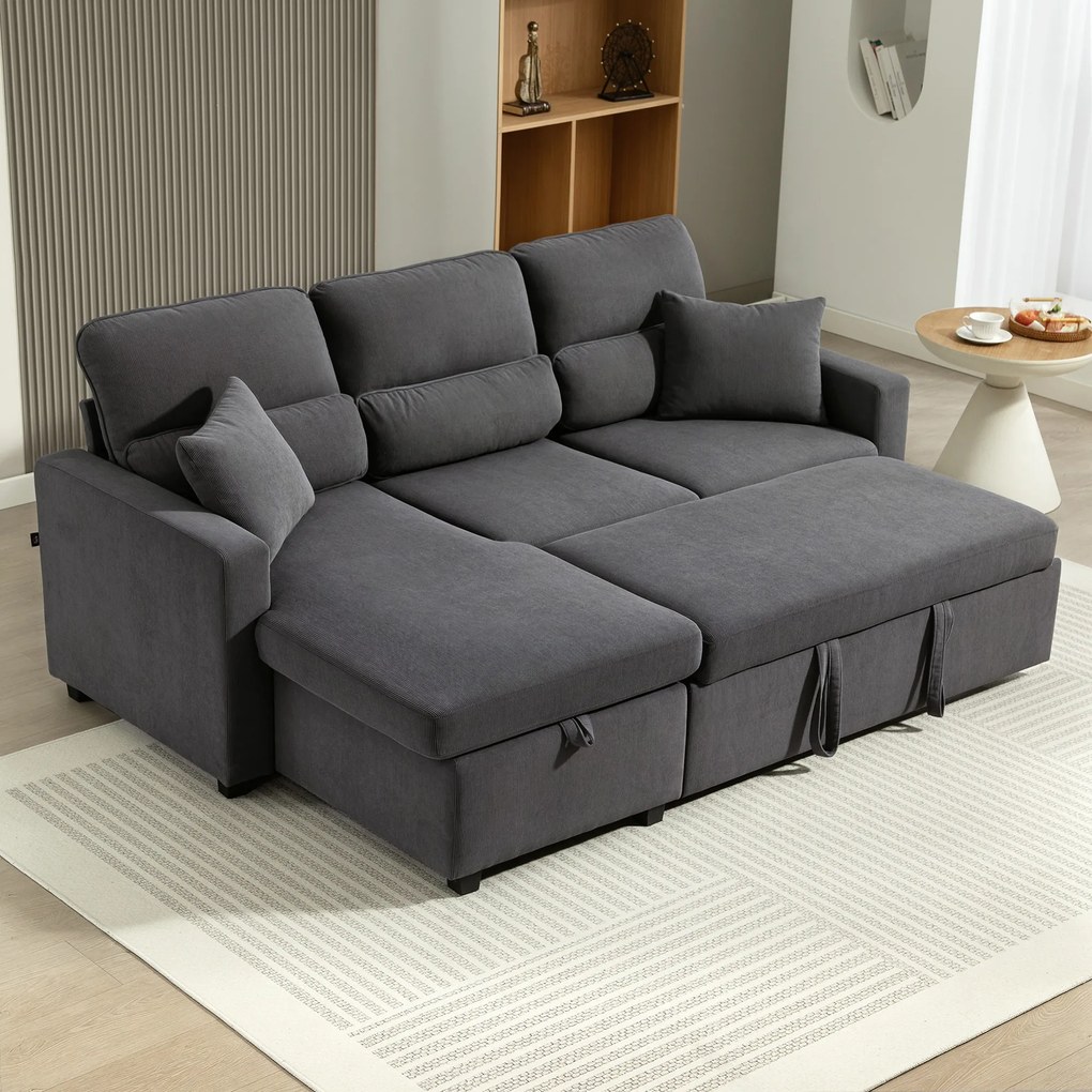 Sofá de canto convertível 205 x 135 x 76 cm em veludo canelado, sofá-cama de 3 lugares com arrumação oculta, almofadas, cinzento