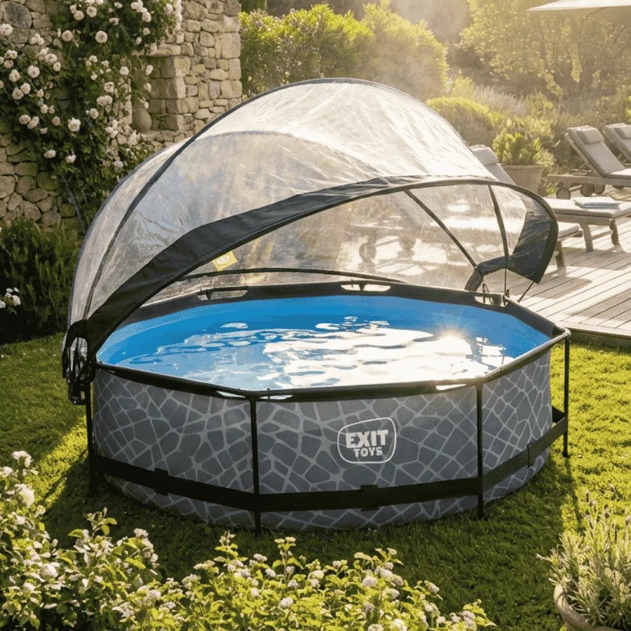 Piscina redonda Stone ø300x76cm com bomba de filtragem e cobertura - cinzenta