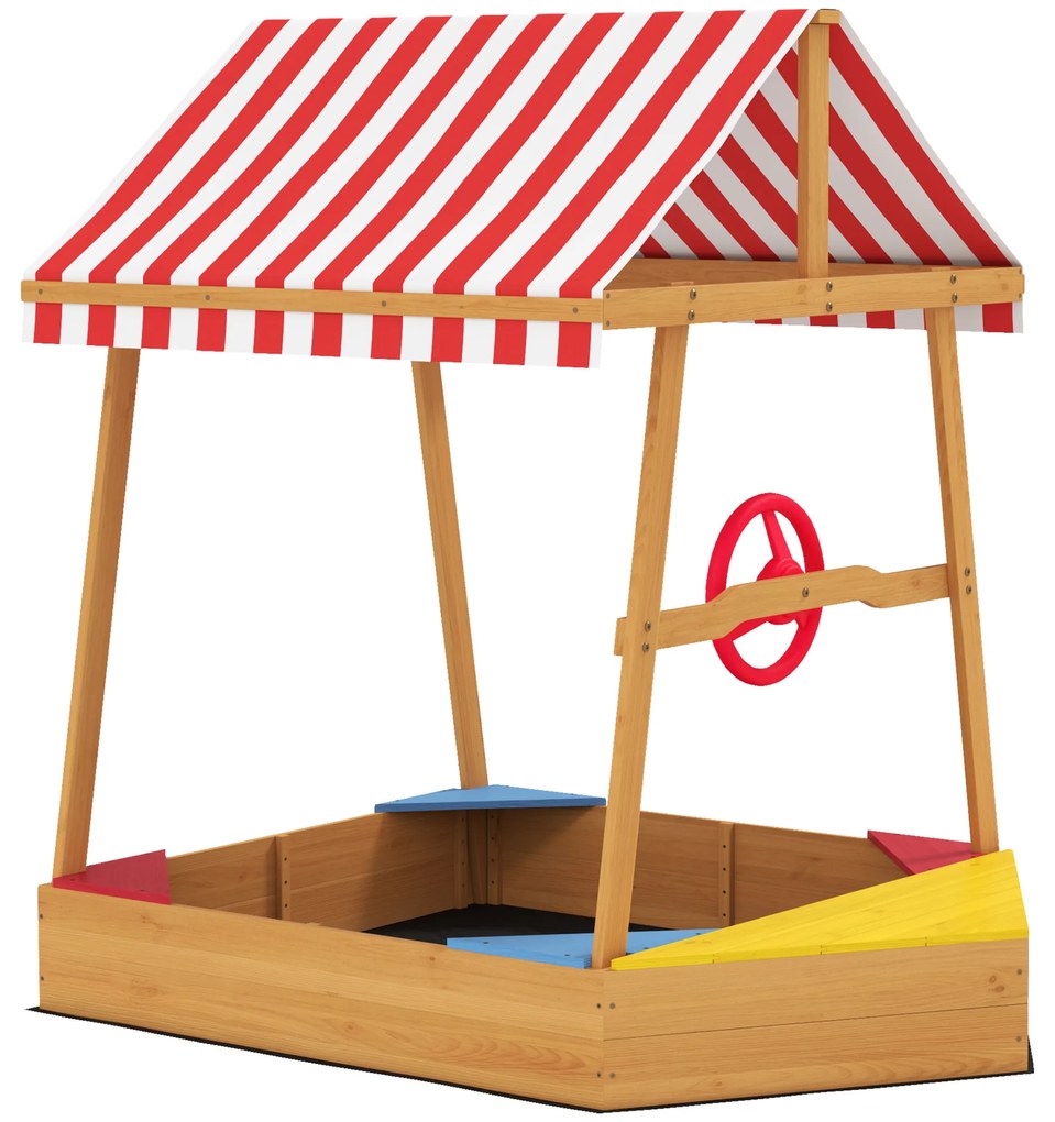 AIYAPLAY Caixa de Areia para Crianças em Forma de Barco com Toldo e Assentos Caixa de Areia para Exterior 133x101x141 cm Madeira
