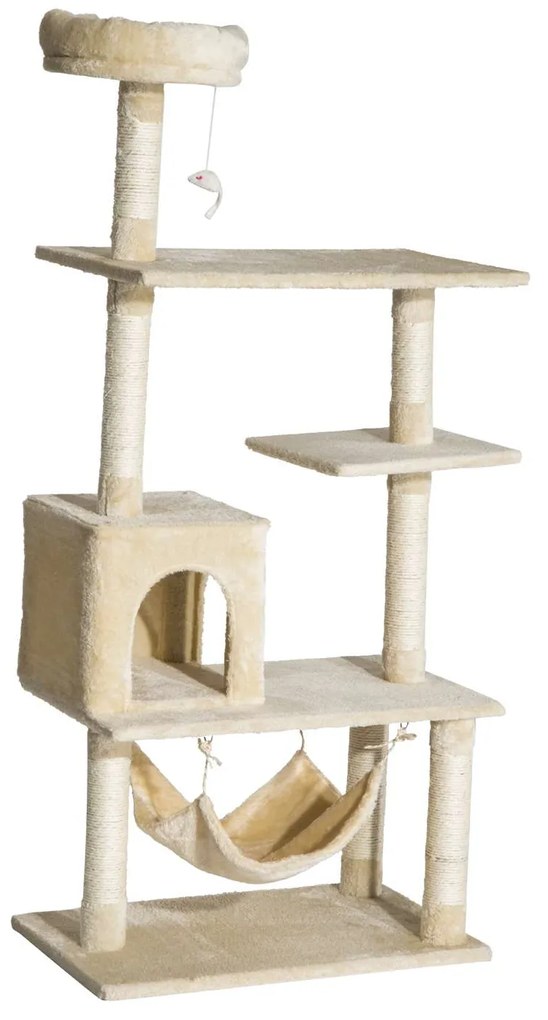 PawHut Arranhador Gatos Múltiplas Plataformas Brinquedo Suspenso Caverna Rede Macia Sisal 70x40x152cm Bege