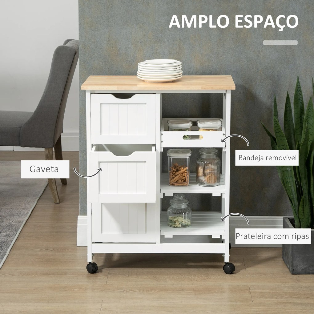 HOMCOM Carrinho de Cozinha com Rodas Carrinho de Serviço Multiuso com 3 Gavetas 2 Prateleiras Abertas e Bandeja para Sala de Jantar Sala de Estar 67x37x85,5cm Branco