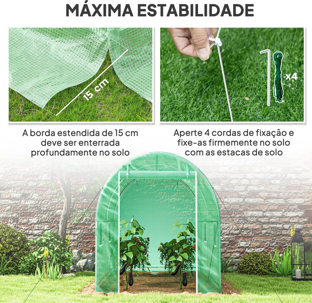 Estufa Tipo Túnel 298x197x189 cm com Porta e 4 Janelas para Cultivo de Plantas e Verduras com Cobertura PE 140g/㎡ Verde