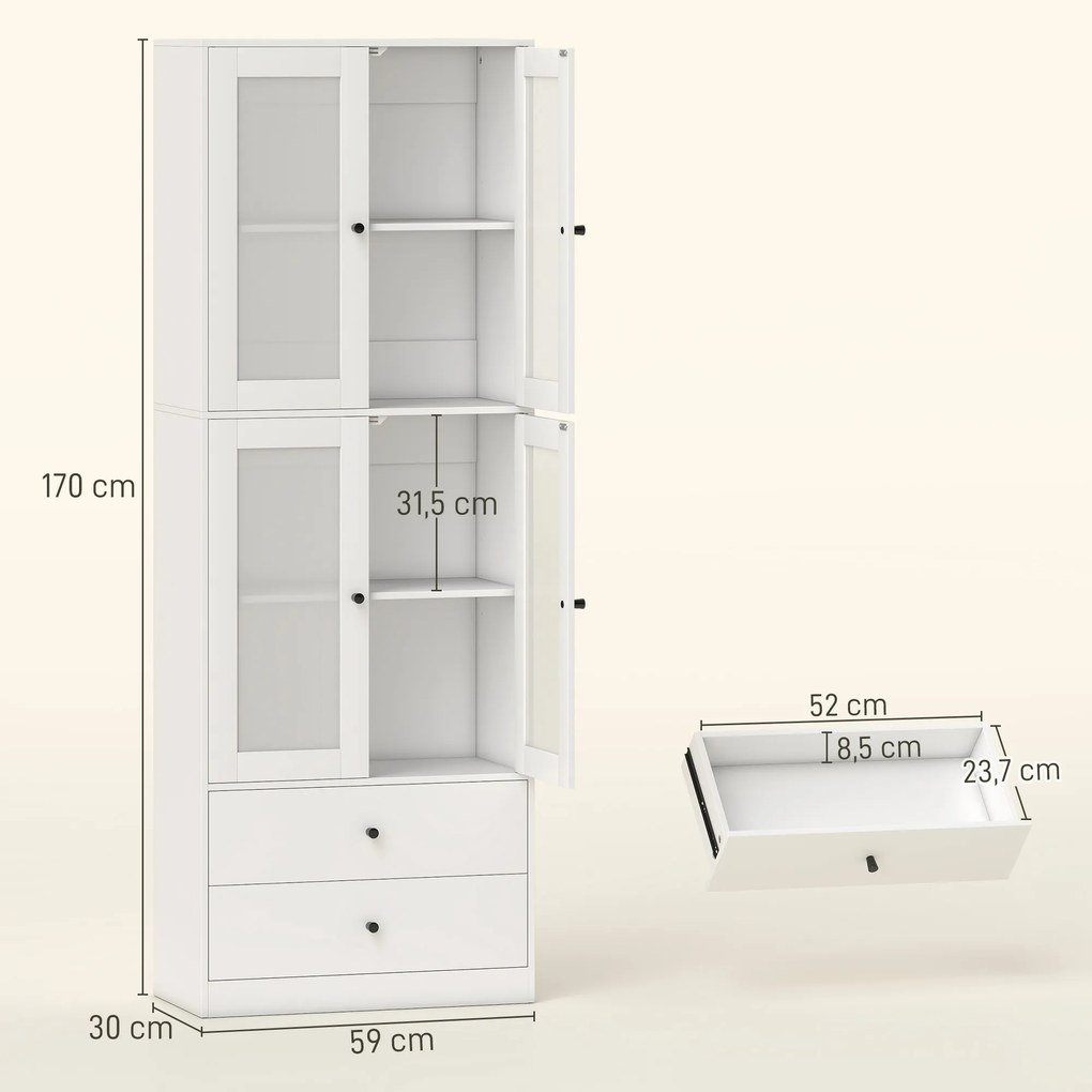 Armário de Cozinha Alto Móvel Auxiliar de Cozinha com 4 Portas de Vidro 2 Gavetas Prateleiras Ajustáveis 59x30x170 cm, Branco