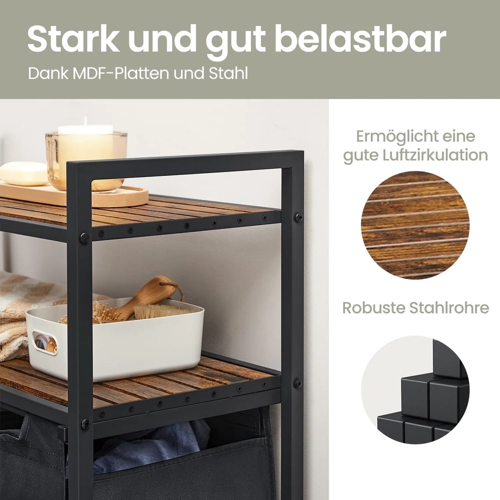 Cesto para roupa suja com 2 compartimentos com 2 prateleiras, saco extraível 73 x 33 x 92 cm castanho vintage-preto