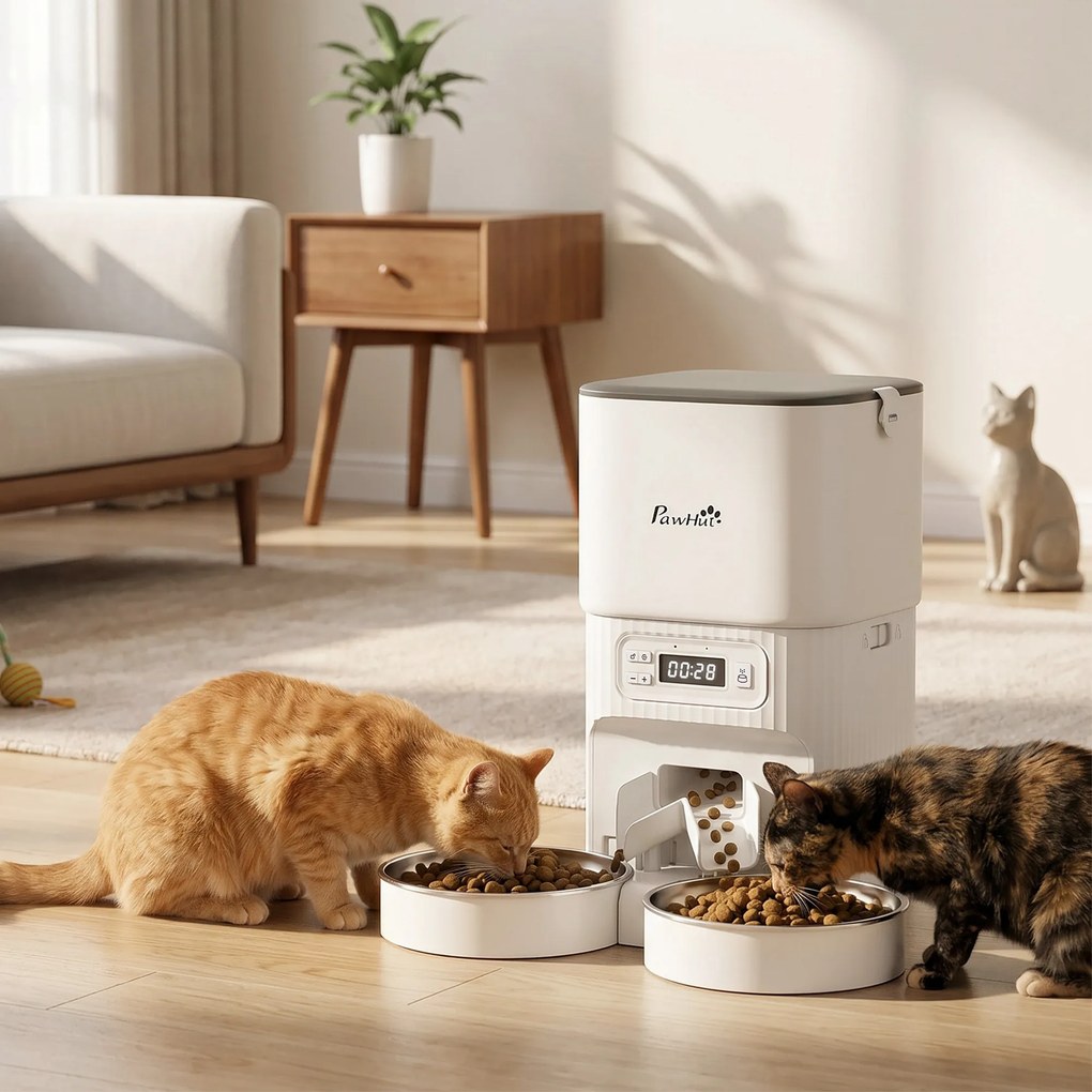 Dispensador automático de ração para gatos com temporizador, porcionamento e 2 tigelas de aço inox