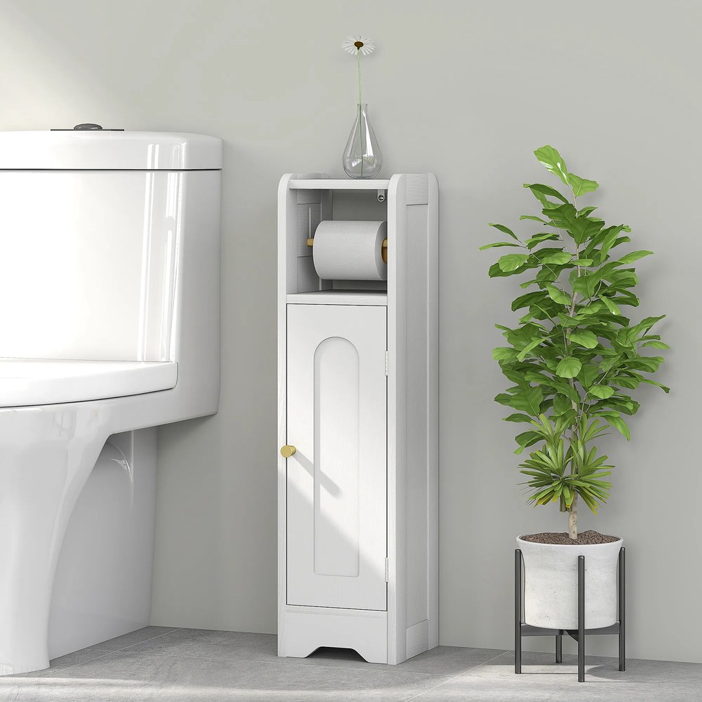 Armário de Casa de Banho Estreito Móvel Auxiliar de Casa de Banho 21x20x79 cm com Prateleira Ajustável Suporte para Papel Higiénico Branco