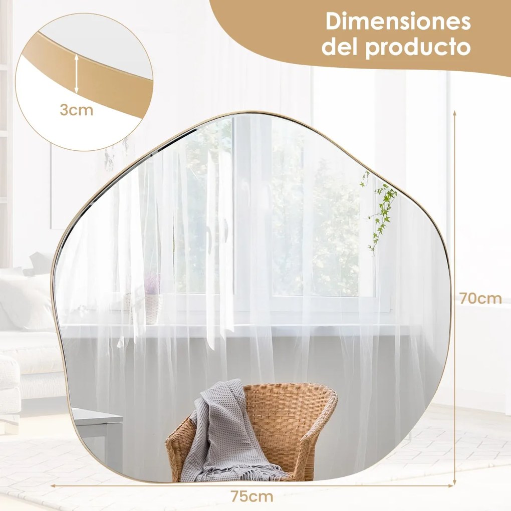 Espelho de parede irregular com moldura de metal para sala de estar 75,5 x 70 cm dourado