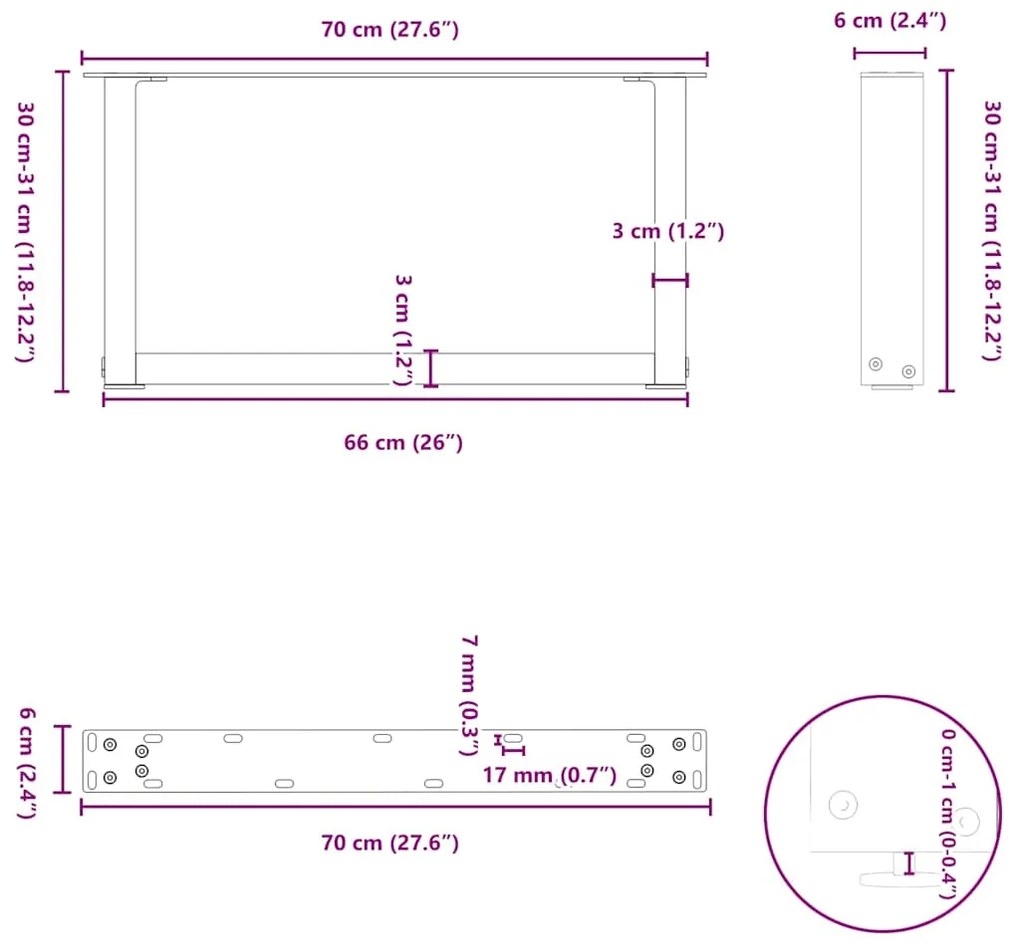 Pés para mesa de centro em formato de U, 2 peças, branco, 70x(30-31) c