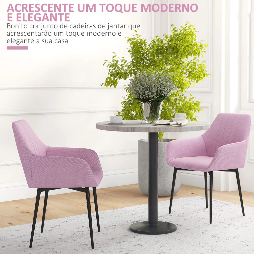 Conjunto de 2 Cadeiras de Sala de Jantar Estofadas em Linho com Encosto e Pés de Metal 59,5x56,5x81 cm Rosa