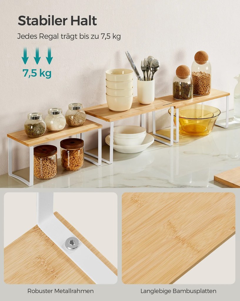 Conjunto de 3 prateleiras para especiarias em metal e bambu branco-natural bege