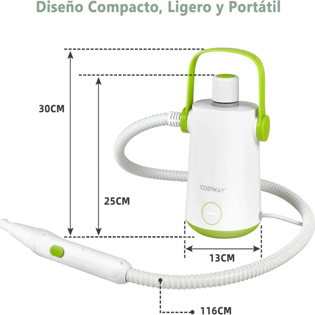 Máquina portátil de limpeza a vapor de 1000w com tanque de água de 300ml, mangueira estendida e vaporizador de roupas de cabo longo Branco