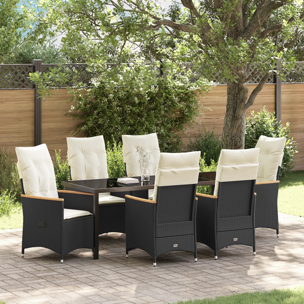 vidaXL Conjunto de Jantar de Jardim de 7 Peças com Almofadas Preto Rattan Poli