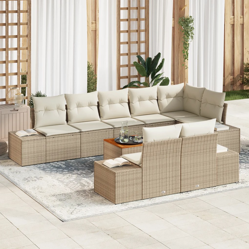 vidaXL Conjunto de Sofá de Jardim de 9 Peças com Almofadas Bege Polirattan Acácia