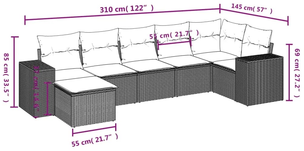 7 pcs conjunto sofás p/ jardim c/ almofadões vime PE cinzento
