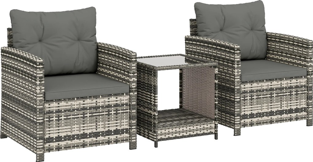 Outsunny Conjunto de Jardim Exterior 3 Peças em Resina Trançada Mesa e 2 Poltronas com Almofadas, 62x65x75cm, Cinza Claro | Aosom Portugal