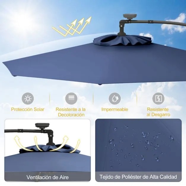 Guarda-sol exterior de 3 m com rotação de 360° e 32 luzes LED Ajuste fácil da inclinação Manivela Azul-marinho