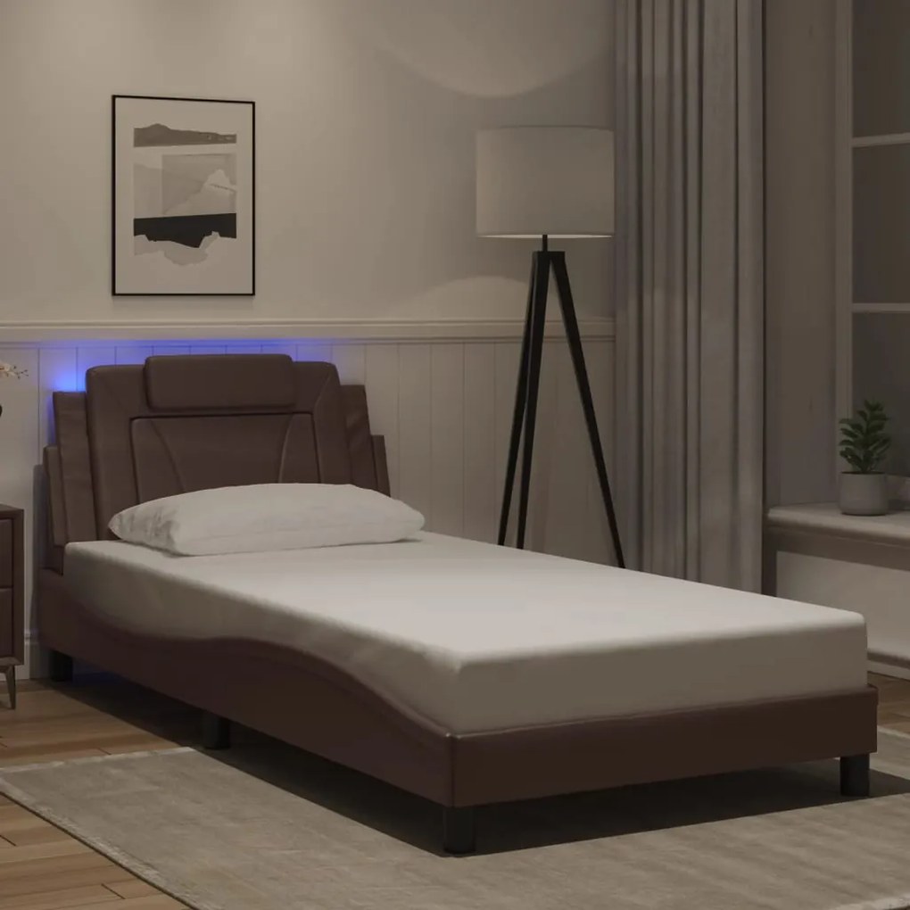 Estrutura cama c/ luzes LED 100x200cm couro artificial castanho