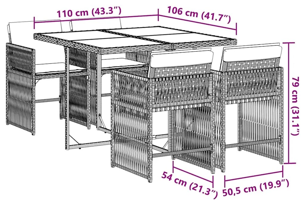 5 pcs conjunto de jantar p/ jardim c/ almofadões vime PE cinza