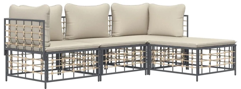 4 pcs conjunto lounge de jardim c/ almofadões vime PE antracite