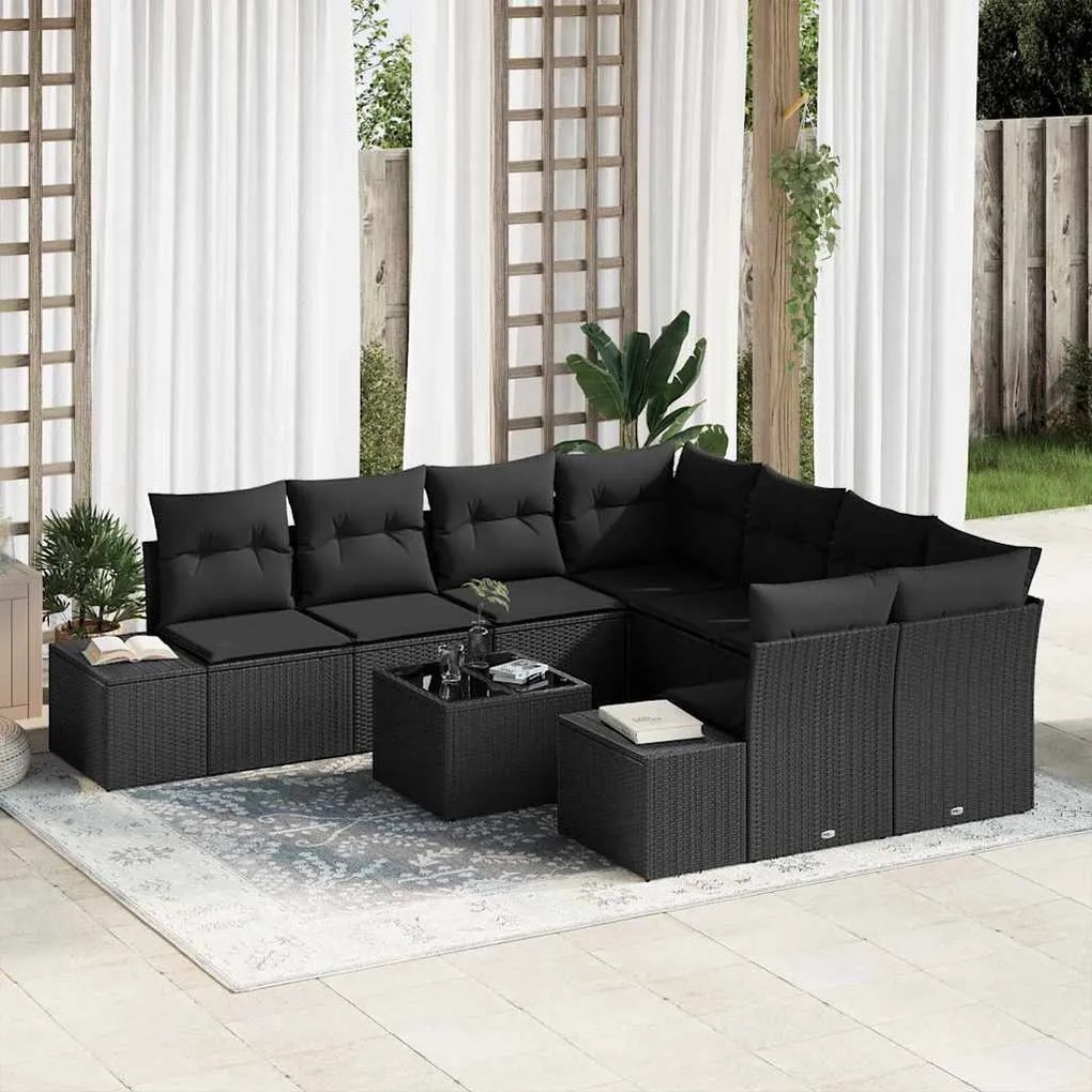 vidaXL Conjunto de Sofá de Jardim com almofada 9 pcs Preto vime PE