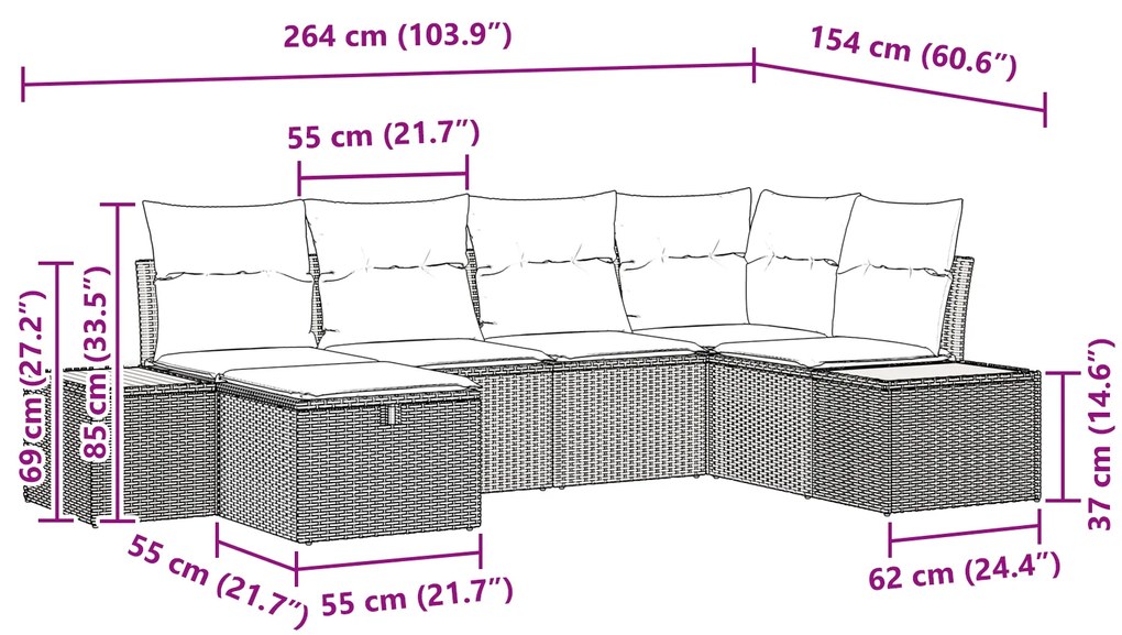 Conjunto de Sofá de Jardim 6 Peças com Almofadas Preto Polirattan