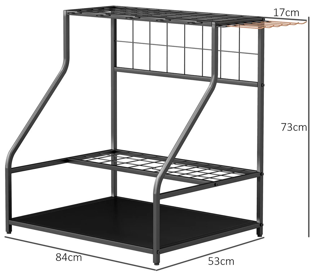 Organizador de Ferramentas de Jardim de 3 Níveis para Garagem com Ganchos para Pás Ancinhos Vassouras 84x53x73 cm Preto