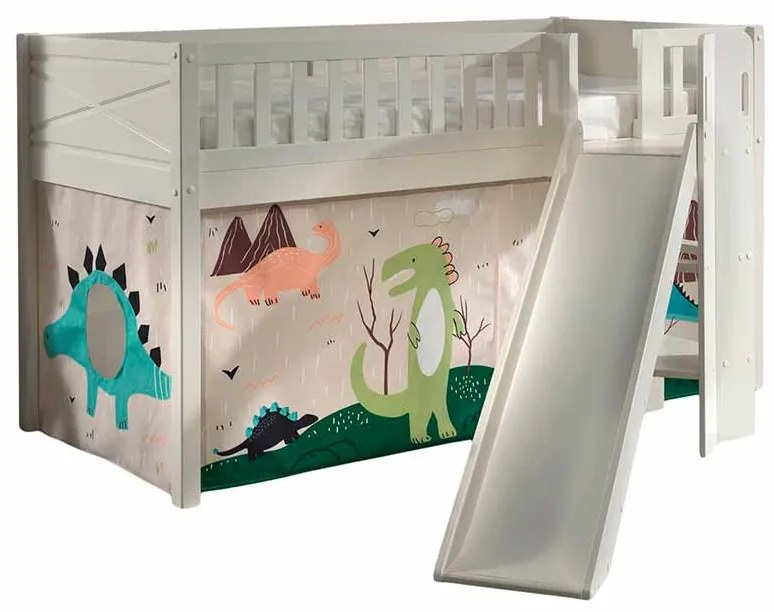 Conjunto cama Infantil SCOTT + escorrega + cortina de brincar DINO Branca