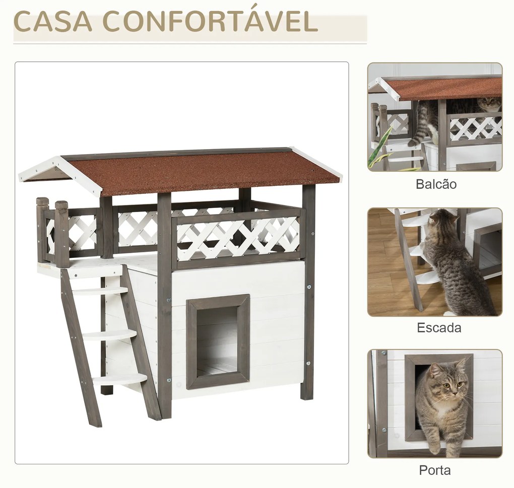 PawHut Casa para Gatos de Madeira 77x50x73cm Casa para Gatos com 2 Níveis com Teto Asfáltico Terraço Cercado Caverna e Escada para Interior e Exterior Branco e Cinza