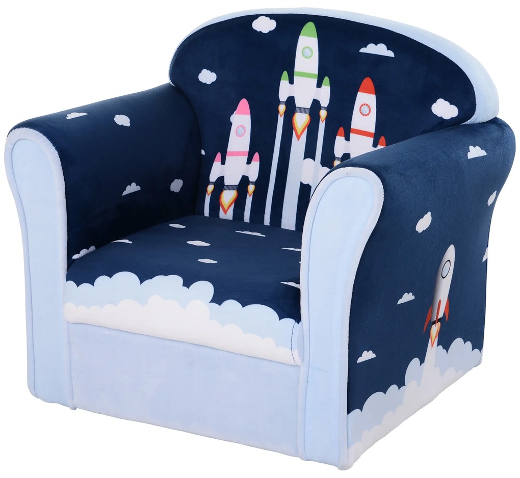 HOMCOM Poltrona para Crianças acima de 3 Anos com Desenhos de Foguete Estrutura de Madeira e Estofado em Flanela 50x39x44 cm Azul