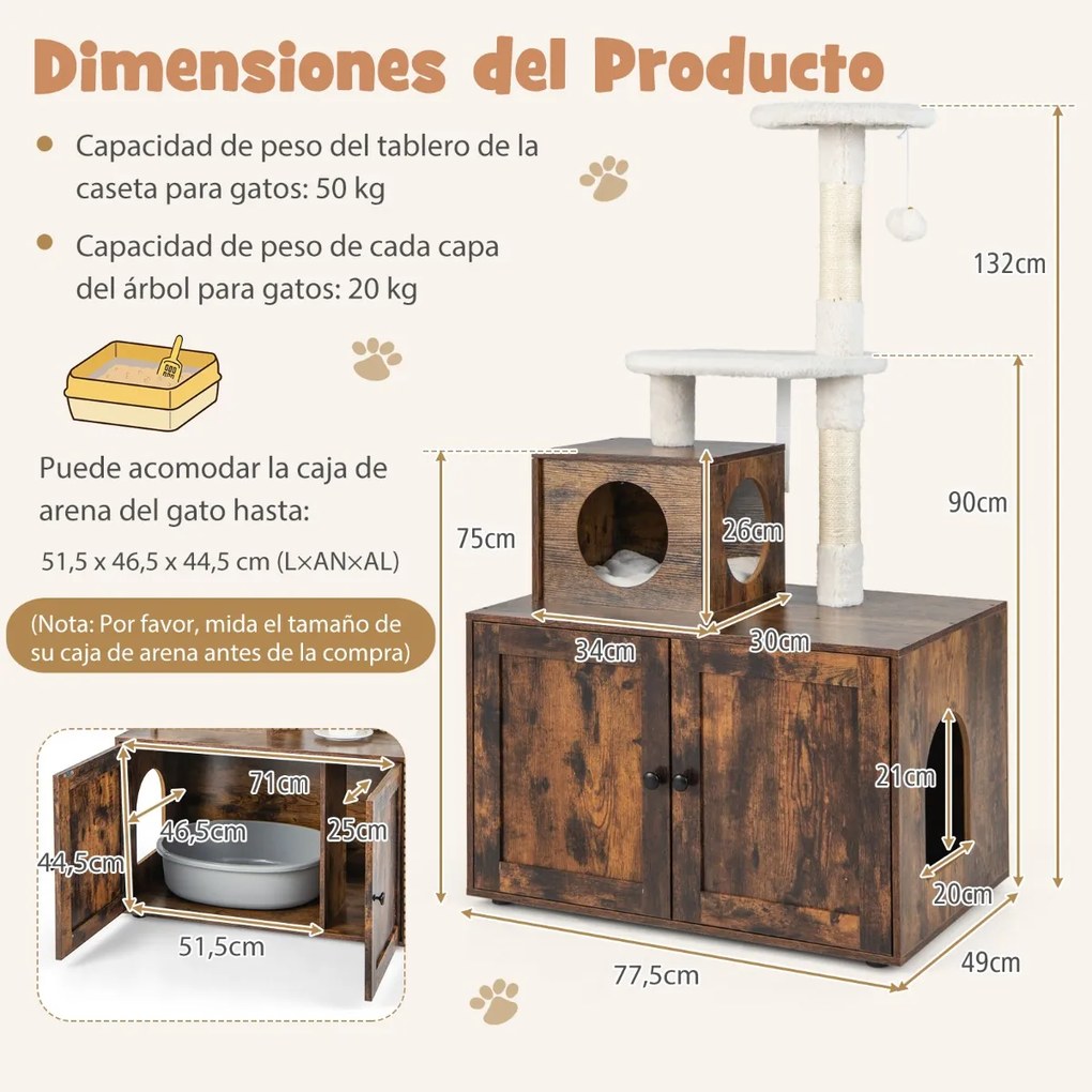 Casa de madeira para gatos com caixa de areia e armário arranhador com esconderijo e divisória 77,5 x 49 x 132 cm