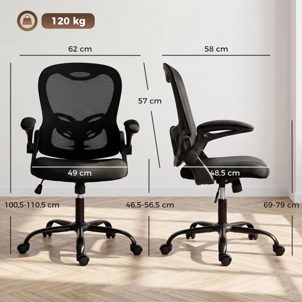 Cadeira de escritório ergonómica, em malha, braços rebatíveis, altura ajustável preta