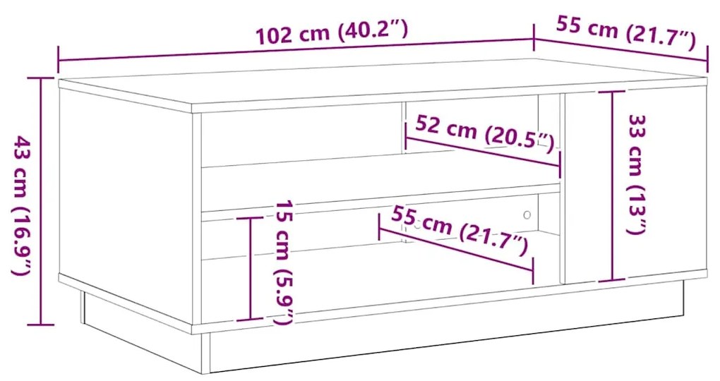 Mesa de Centro em Carvalho Preto 102x55x43 cm Feita de Madeira de Enge