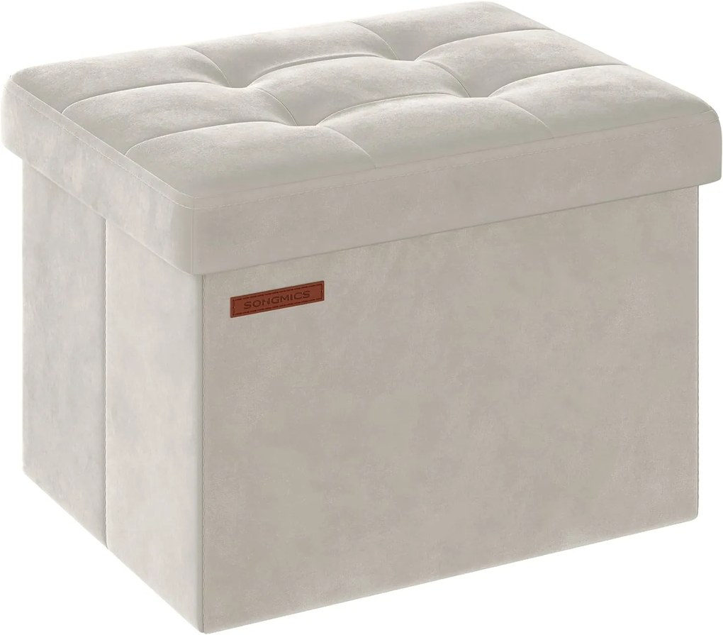 SONGMICS Pufe dobrável, baú de veludo, recipiente com tampa, banquinho, 31 x 41 x 31 cm, capacidade de carga 130 kg, para corredor, sala de estar, quarto, branco creme LSF200W01