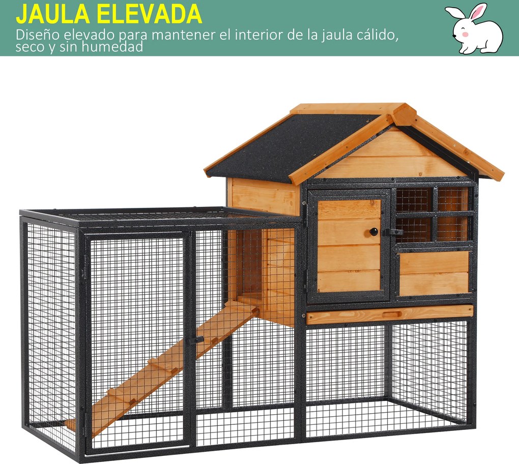 Coelheira para pequenos animais de estimação de 2 níveis com rampa e bandeja removível 122x63x92 cm madeira e cinza