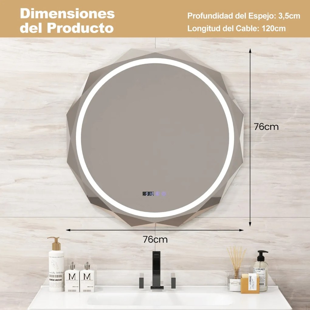 Espelho de casa de banho com LED anti-embaciamento 76 x 76 x 3,5 cm com rebordo biselado com 3 cores de temperatura Inquebrável Função de memória Botã