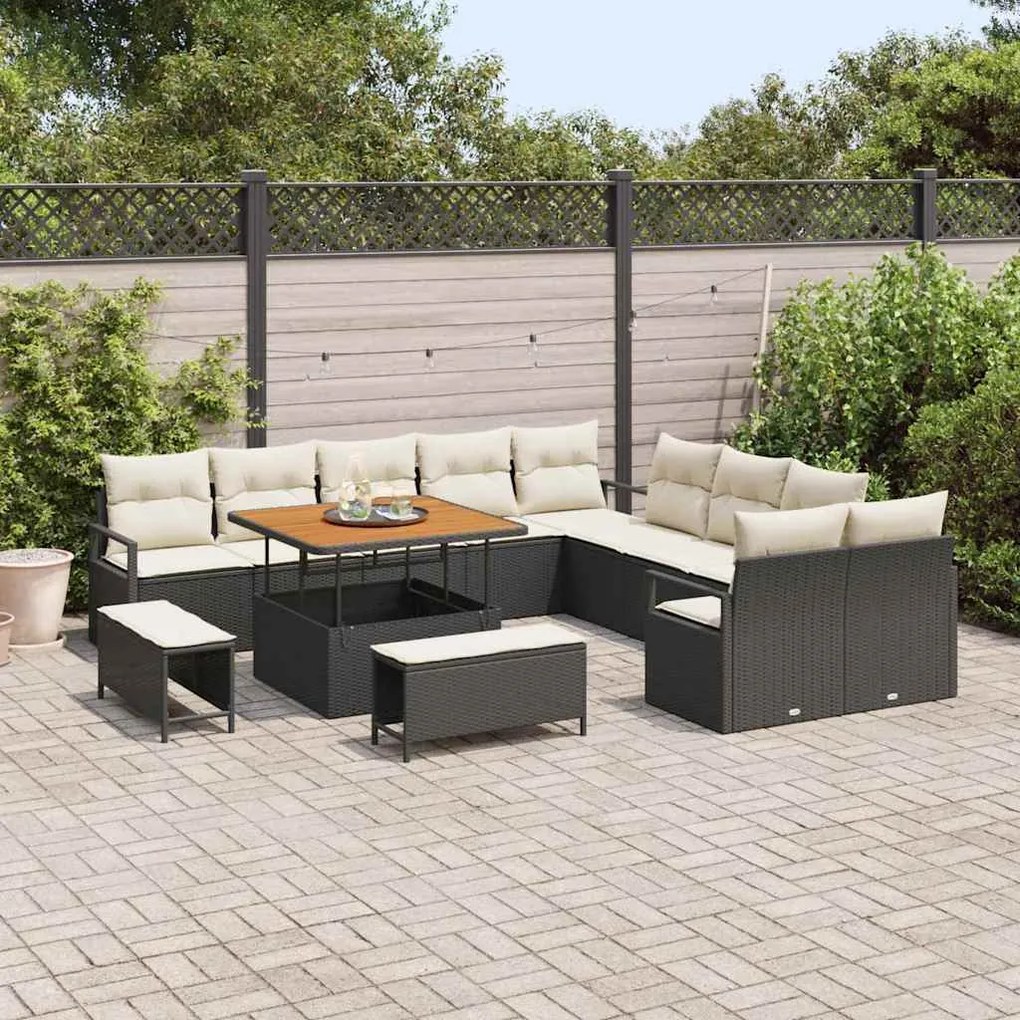 Conjunto de Sofá de Jardim 13 Peças com Almofadas Preto Rattan Poliléc