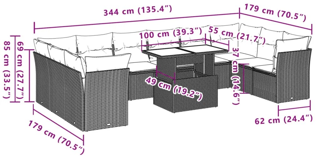 11 pcs conjunto sofás de jardim c/ almofadões vime PE cinzento