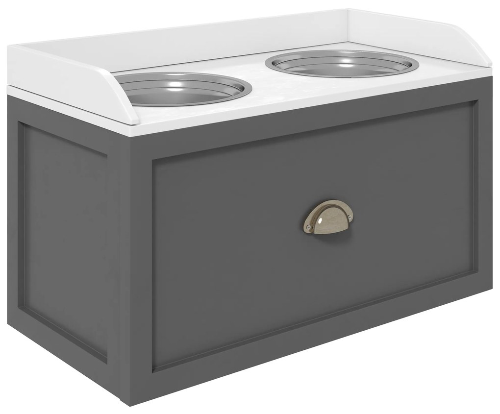 PawHut Comedouro Elevado para Cães com 2 Tigelas 2000ml de Aço Inoxidável Gaveta Oculta com Suporte de Madeira 60x30x36cm Cinza | Aosom Portugal