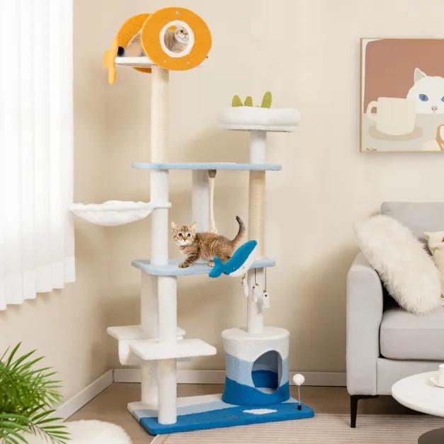 Arranhador para gatos de 168 cm com vários níveis, rede com tema do oceano, postes de arranhar cobertos de sisal e brinquedos pendurados Azul