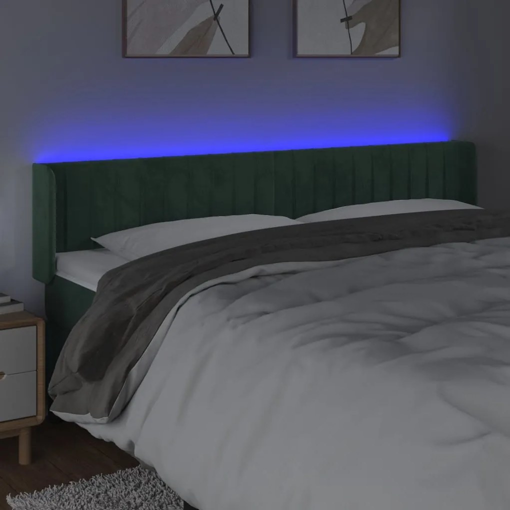 Cabeceira cama c/ luzes LED veludo 203x16x78/88 cm verde-escuro