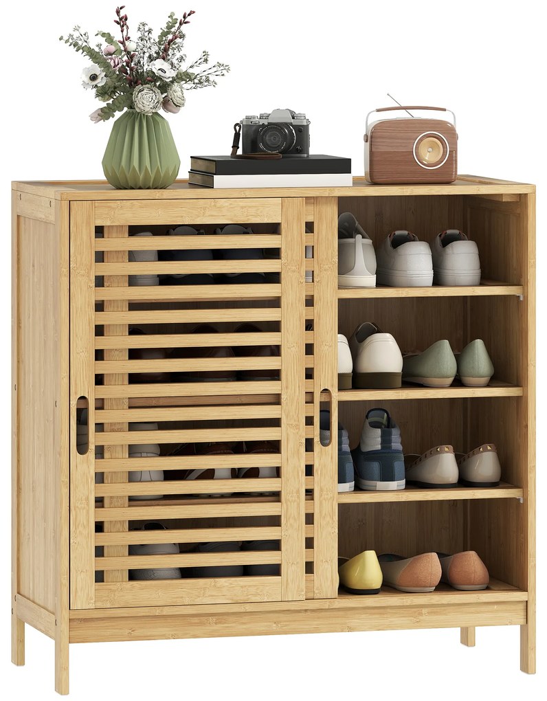 Sapateira de Bambu com 2 Portas de Correr de Ripas Sapateira de Entrada com Prateleiras Ajustáveis para 16 Pares de Sapatos 80x35x80 cm Madeira