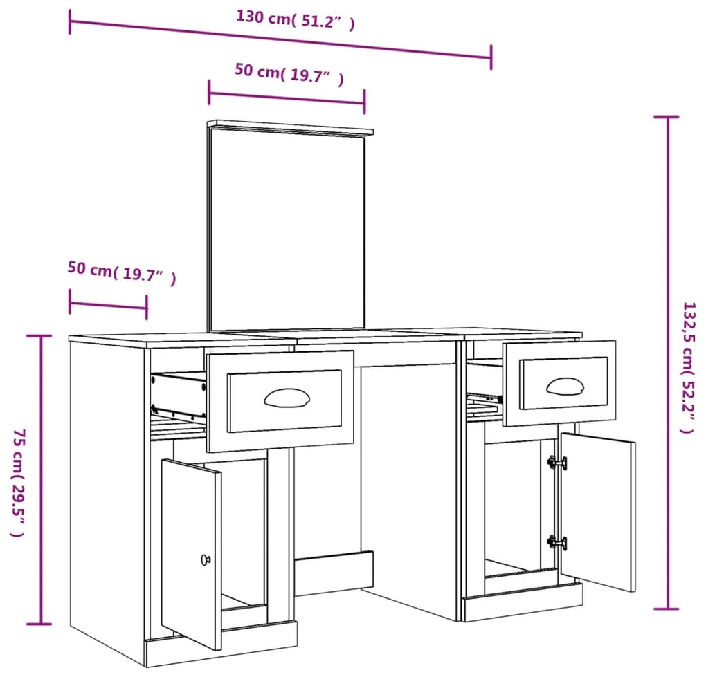 Toucador com espelho 130x50x132,5 cm cinzento cimento