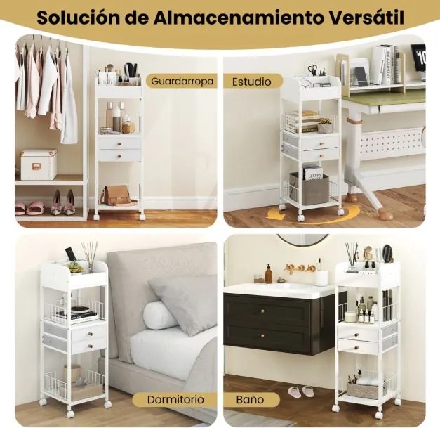 Carro organizador de cuidados maquilhagem 30 x 30 x 90 cm com a pele com gavetas e prateleiras de armazenamento com rodas Branco