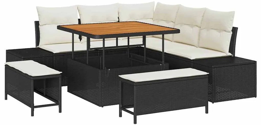 Sofá de Jardim com 8 Peças e Almofadas Pretas em Rattan Sintético e Ac