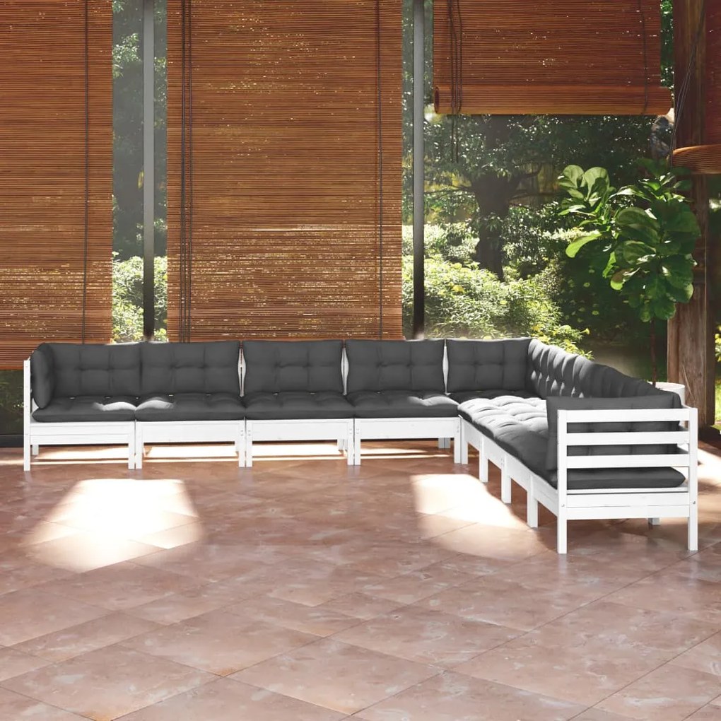 vidaXL 9 pcs conj. lounge de jardim c/ almofadões pinho maciço branco
