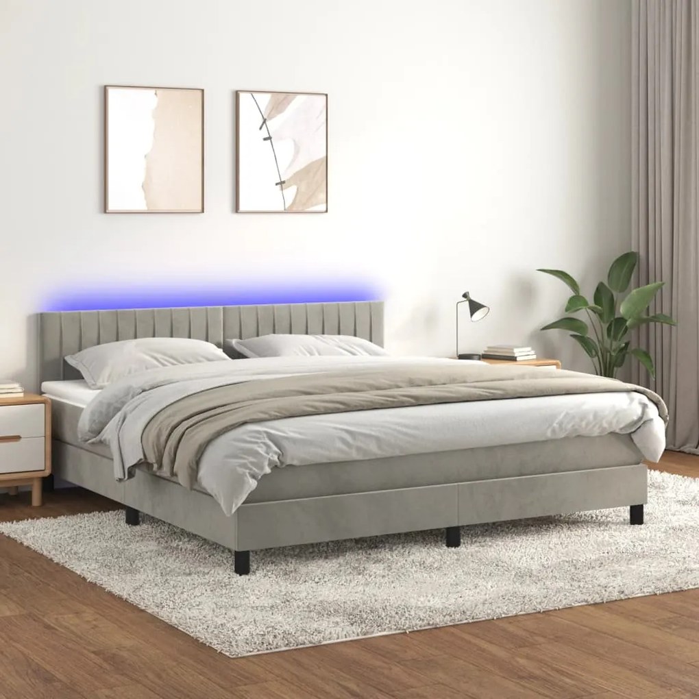 vidaXL Cama box spring c/ colchão/LED 180x200 cm veludo cinzento-claro