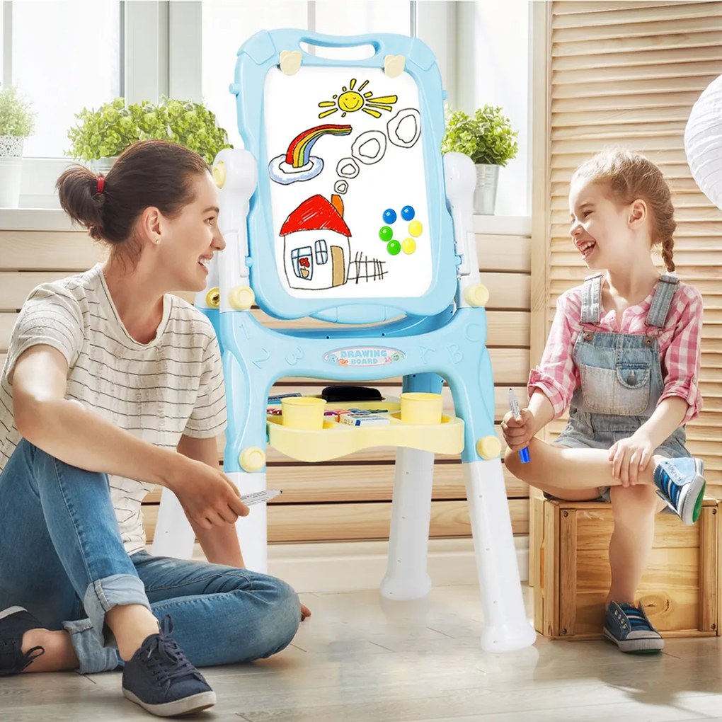 Quadro Branco Infantil Magnético de Dupla Face Altura Ajustável Quadro Branco com Acessórios Azul