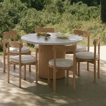 Conjunto De Mesa Redonda Ø120 Cm Em Cimento Sharpay E 6 Cadeiras De Jardim Em Madeira De Acácia Nualis Marrom Acácia Claro - Sklum