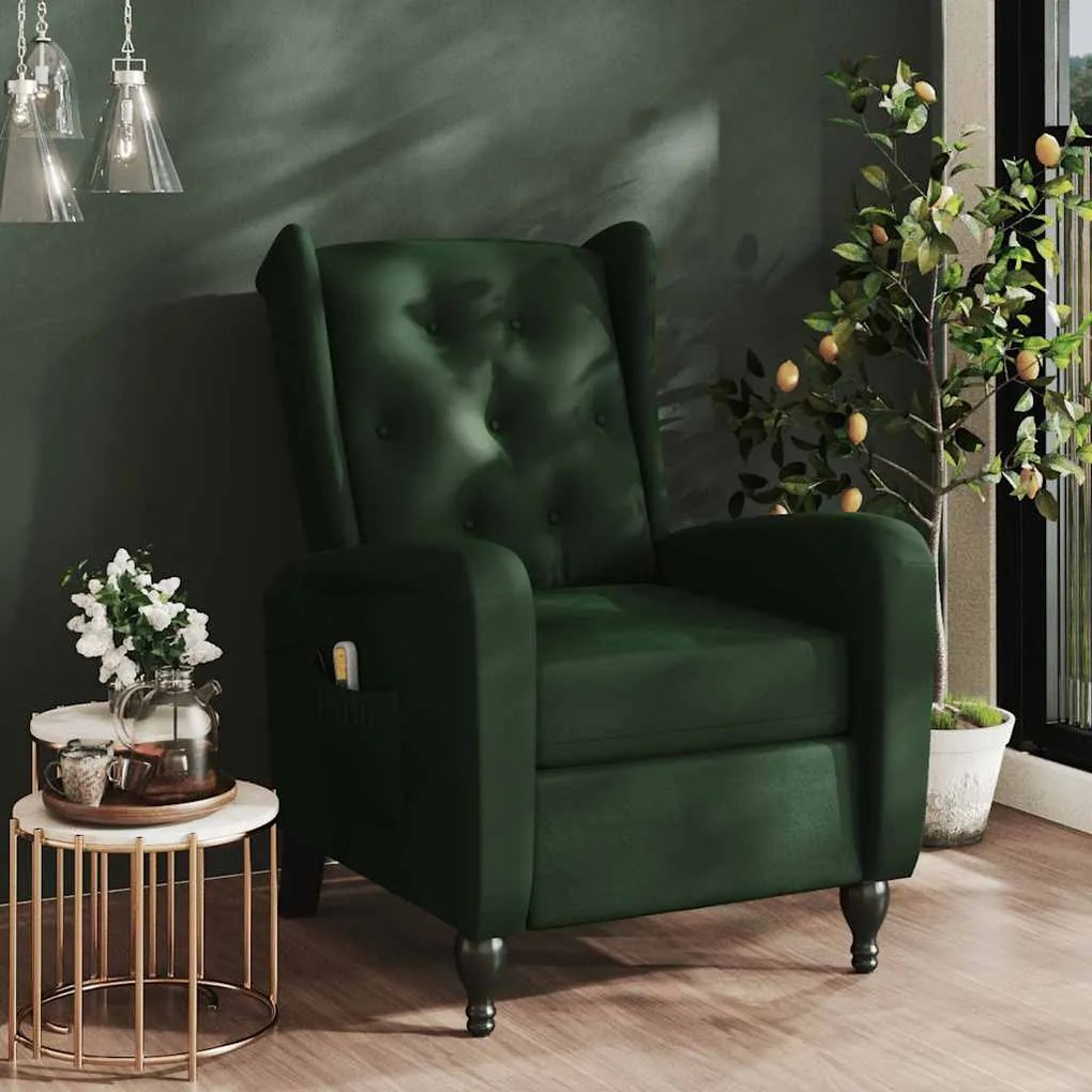 vidaXL Poltrona de massagens reclinável veludo verde-escuro